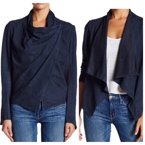 LaMarque Madison Suede Leather Draped Jacket Navy Blue Size 4 - Picture 1 of 6